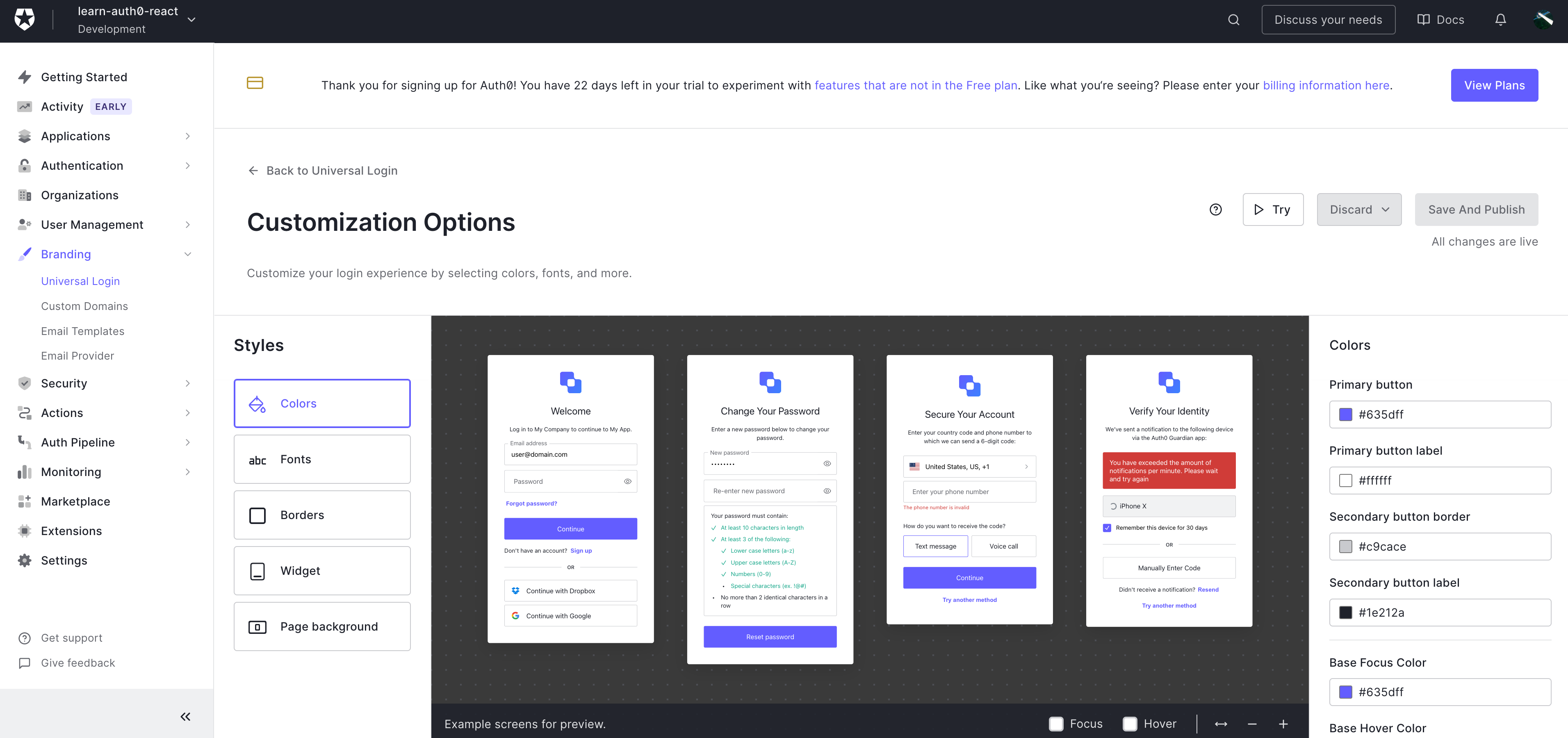 Auth0 Setup - Universal login customization options